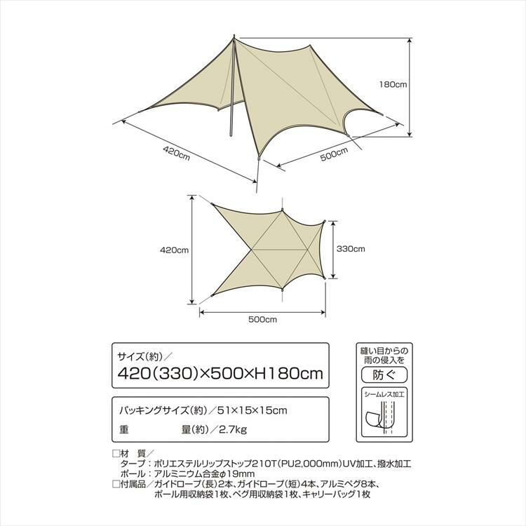 キャプテンスタッグ トレッカー フライタープセットUV カーキ  UA-1090  CAPTAINSTAG ポール ペグ 収納袋 つき<br> ラッピング不可