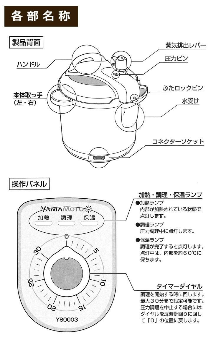 容量2.2Lタイプ1-3人前 専用レシピ20品目付 ダイヤル式 3合炊き シンプル家電 電気圧力鍋 山本電気 YS0003WH ホワイト YAMAMOTO ラッピング不可