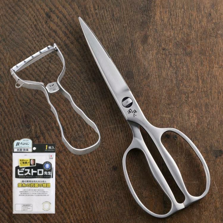 ステンレスピーラー＆キッチン鋏セット 貝印 関孫六 鍛造オールステンレス キッチン鋏 DH-3345＆SELECT100 T型ピーラー DH-3000セット ふきん付