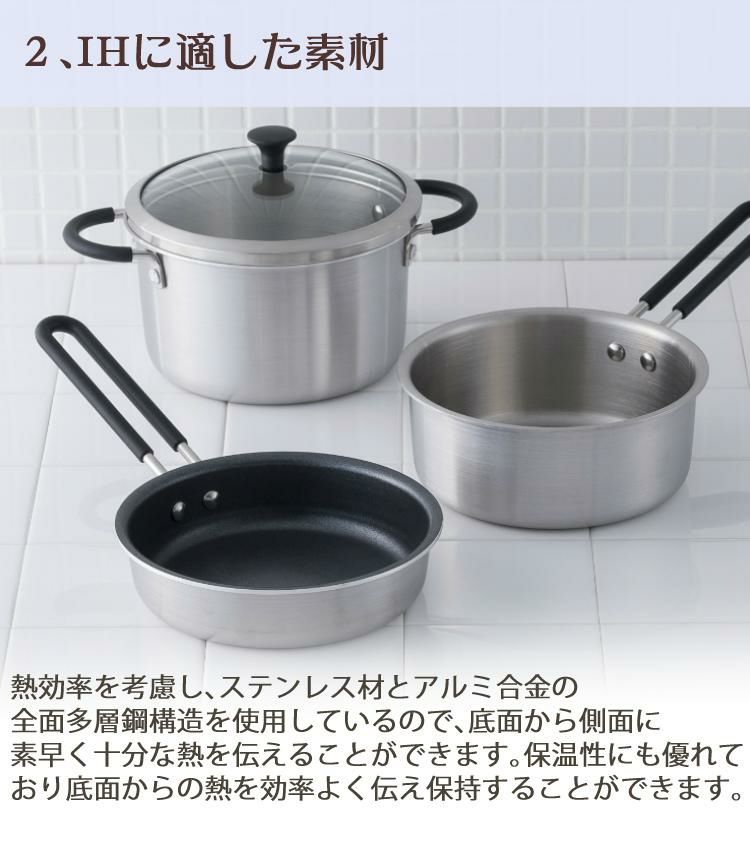 貝印 O.E.C. ミニマ 鍋・フライパン3点セット ガラス蓋付  IH対応 ガス火 DY5209 ミニターナー付