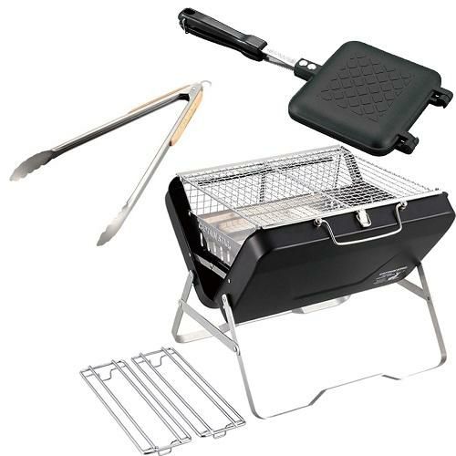 キャプテンスタッグ CSブラックラベルV型 ファイアグリルワイド ＆ ホットサンドトースター ＆ BBQ ウッドグリップトング 35cm   焚火台 ＆ ホットサンドメーカー  3点セット  UG-77＆UG-3005＆UG-3228  CAPTAINSTAG ラッピング不可