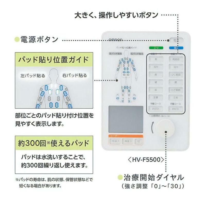 交換用パッド1組2枚付き オムロン 電気治療器 HV-F5500 ヒーターサポーター付き 温め機能  低周波治療器 こり 痛み マッサージ 腕 肩 腰 背中 脚 足裏 関節 筋肉 ケア 管理医療機器  おまけはラッピング不可