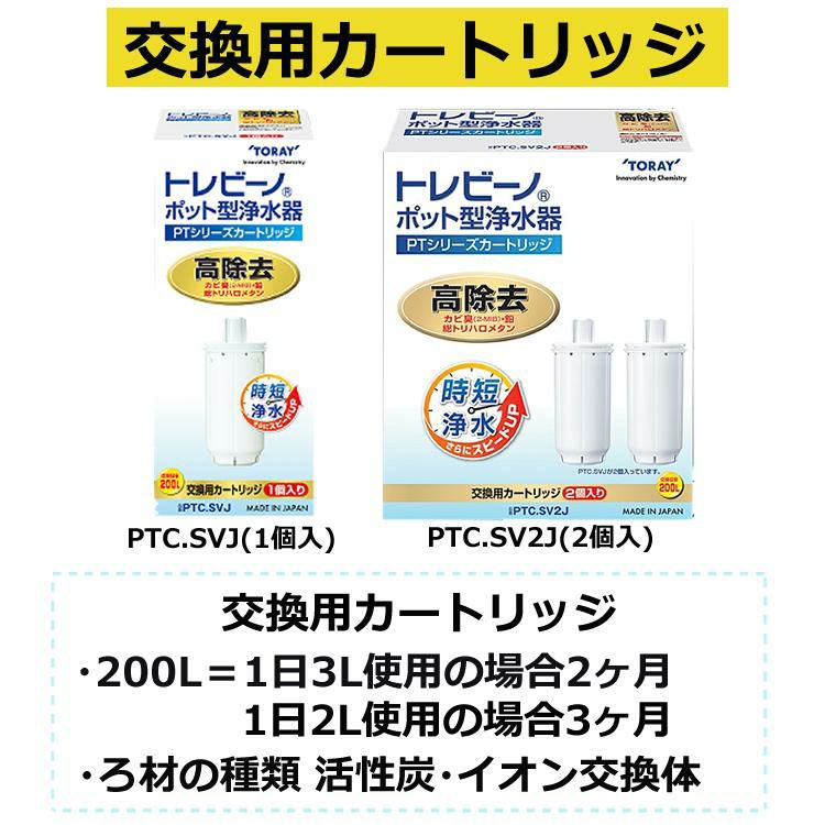 カートリッジ2個付  浄水器 東レ トレビーノ ポット型浄水器 高除去タイプ 本体 1.2L PT502SV & ポット型浄水器用 高除去タイプ カートリッジ2個セット PTC.SV2J 時短浄水 ヨコ置き 横置き 浄水ポット
