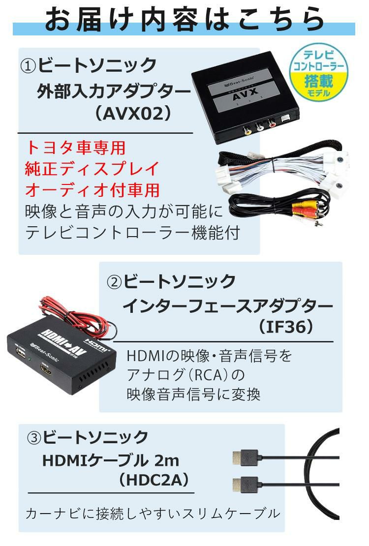 ビートソニック トヨタ車用 外部入力アダプター AVX02 ＆ 変換アダプター IF36 ＆ 純正HDMIケーブル HDC2A iPhoneで見るセット