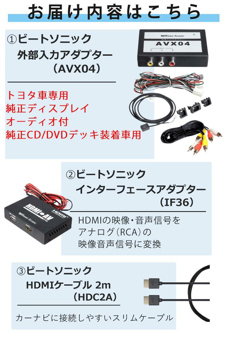 ビートソニック トヨタ車用 外部入力アダプター AVX04 ＆ 変換アダプター IF36 ＆ 純正HDMIケーブル HDC2A iPhoneで見るセット