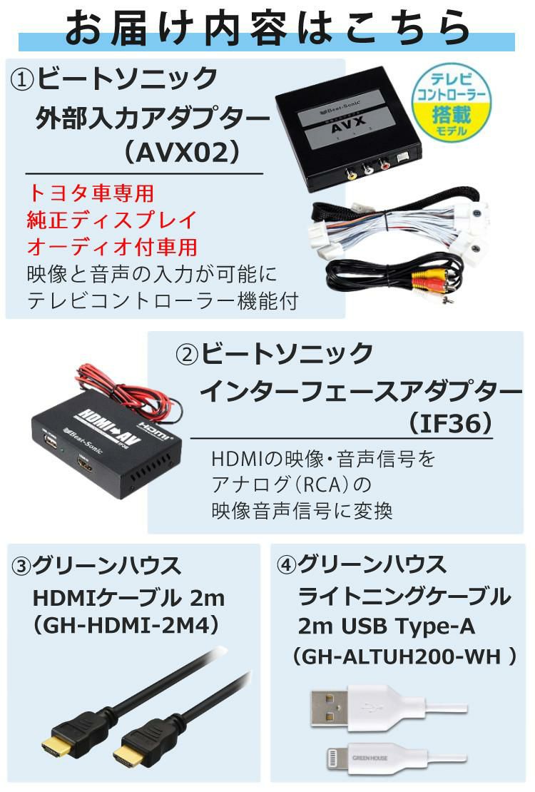 ビートソニック トヨタ車用 外部入力アダプター AVX02 ＆ 変換アダプター IF36 ＆ ケーブル2種 iPhoneで見る4点セット