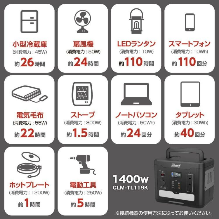 大容量1400W コールマン ポータブル電源 CLM-TL119K アウトドア キャンプ 車中泊 多目的 バッテリー 停電対策 防災 ポタ電 ラッピング不可