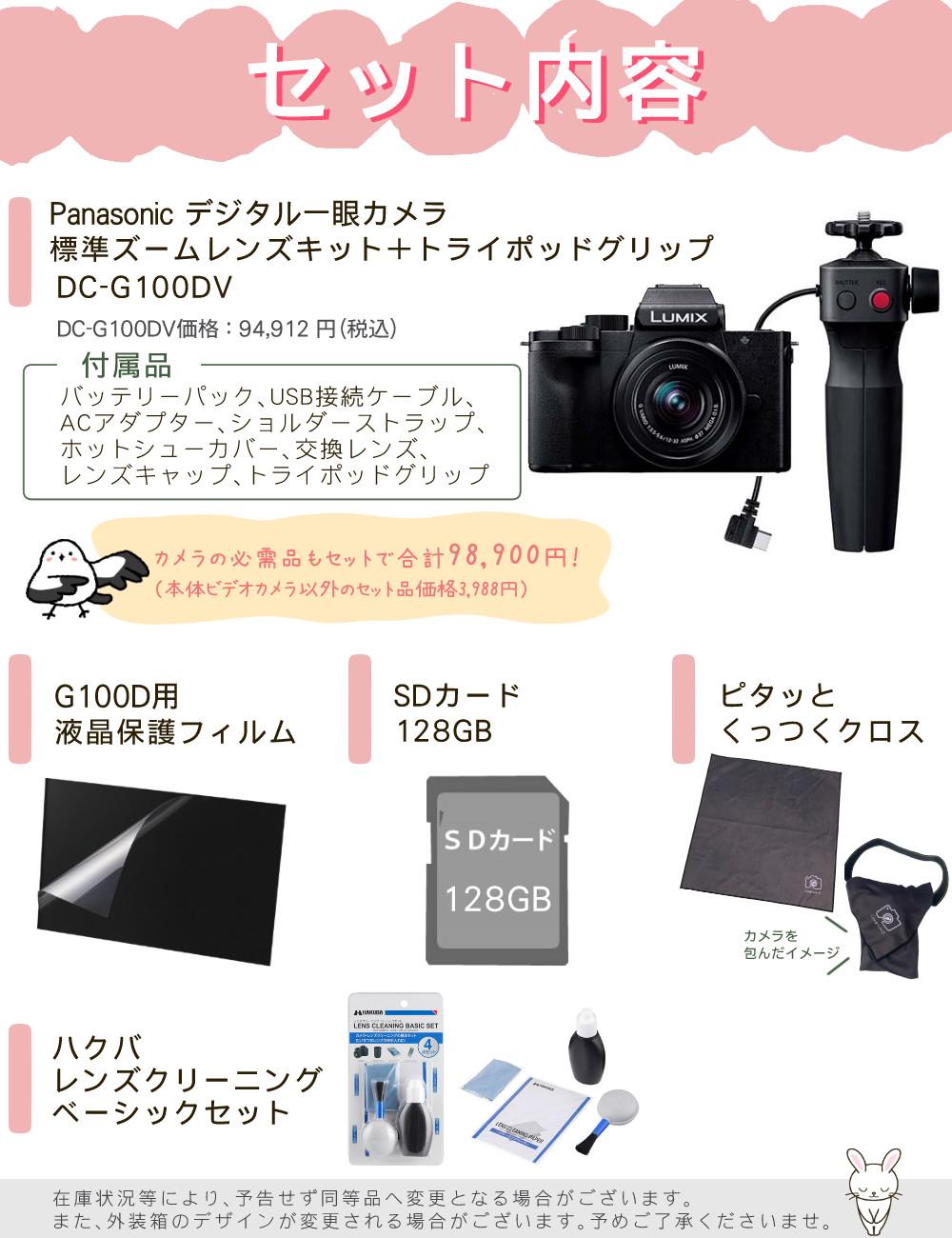 SD等5点セット パナソニック ミラーレス一眼カメラ LUMIX DC-G100DV-K 標準ズームレンズキット＋トライポッドグリップ ラッピング不可