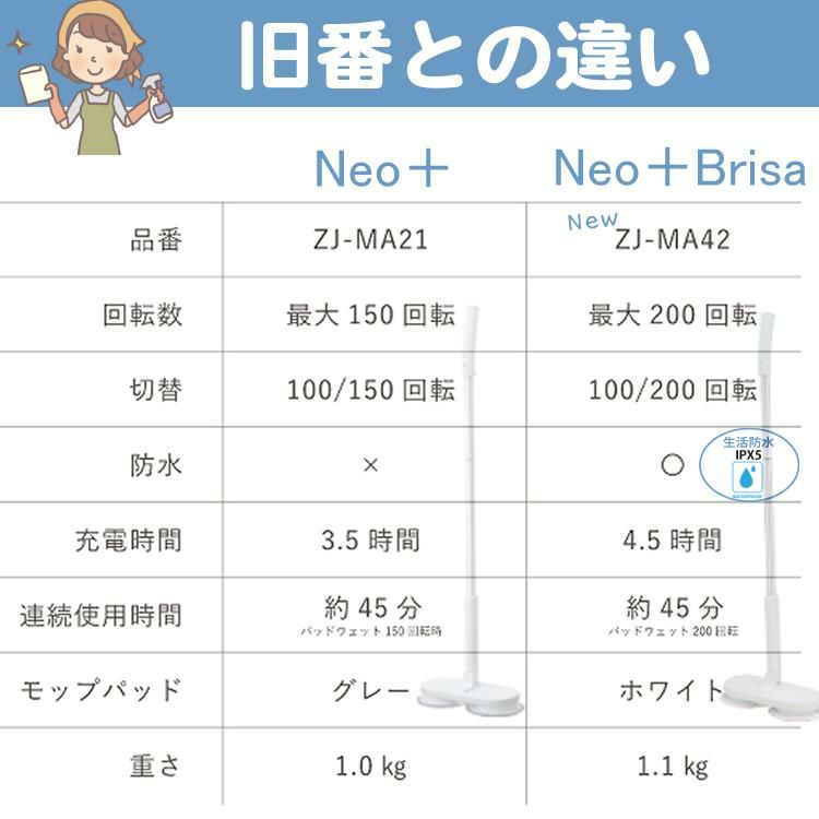 レビュー特典有  電動 回転モップ ネオプラス   Neo+ neoプラス    Brisa ZJ-MA42-WH 室内用 替えパッド 2枚セット