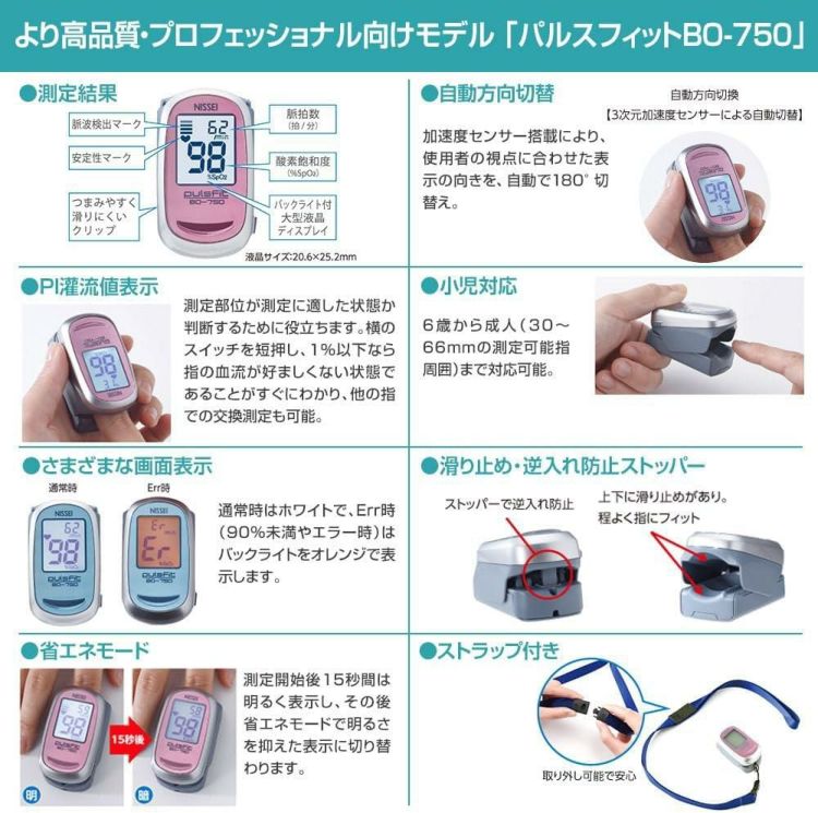 日本精密測器 NISSEI パルスオキシメーター パルスフィット ブルー BO-750 ＆ 単四電池4本 ＆ クロス付き 3点セット