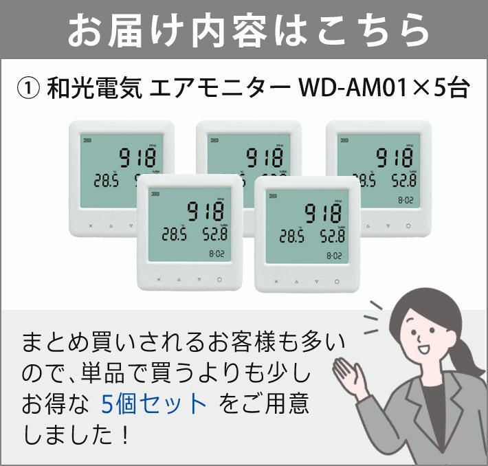 5個まとめ売り/セット 和光電気 二酸化炭素濃度測定器 エアモニター  WD-AM01  CO2センサー/CO2モニター/CO2濃度測定器/CO2測定器/二酸化炭素濃度計