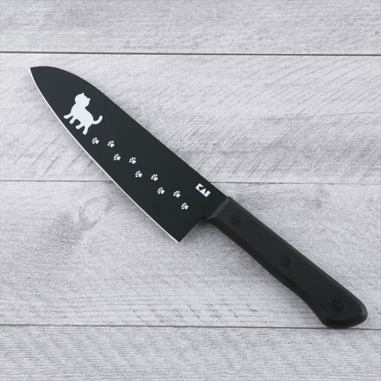 貝印 KAI  AB580 Nyammy ニャミー  ねこの包丁 三徳165mm ブラック/ウォームグレー ねこ 足跡 かわいい キッチングッズ