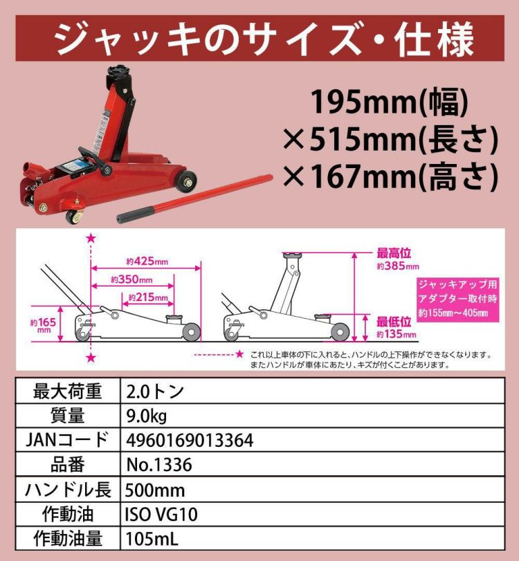 大橋産業 BAL 油圧式フロアジャッキ 1336 2.0t アダプターセット  ラッピング不可