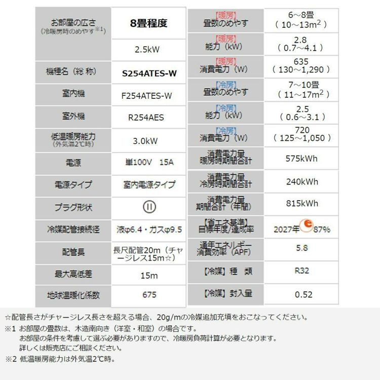 ダイキン エアコン 8畳 Eシリーズ 2024年モデル S254ATES-W  F254ATESW+R254AES  1年保証 取付工事なし ラッピング不可