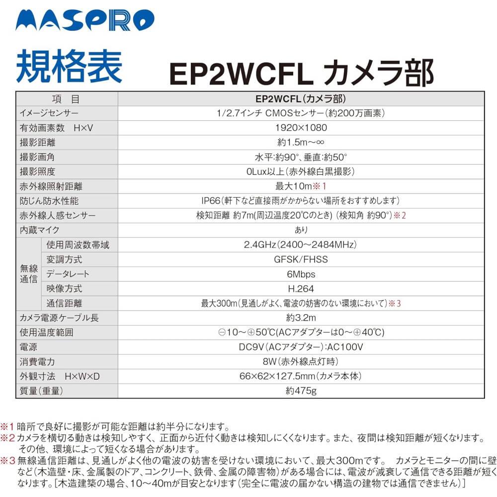 マスプロ電工 モニター＆ワイヤレスHDカメラセット  EP2WCFL  ラッピング不可