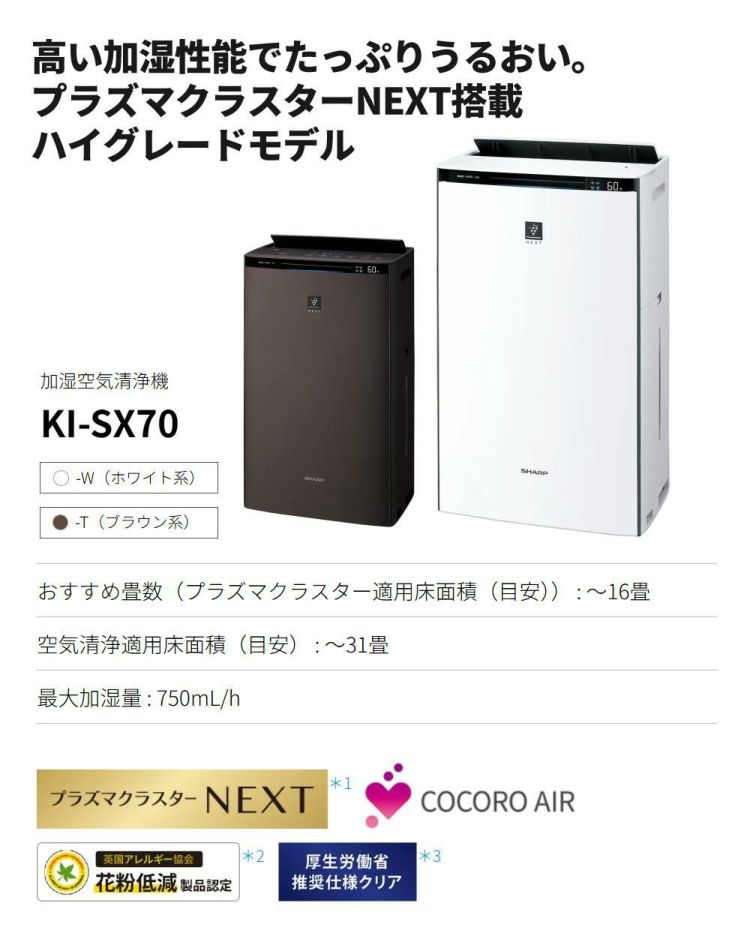シャープ 加湿空気清浄機 KI-RX70-W ホワイト プラズマクラスターNEXT 加湿器 空気清浄機 ホコリ ダニ 消臭 SHARP