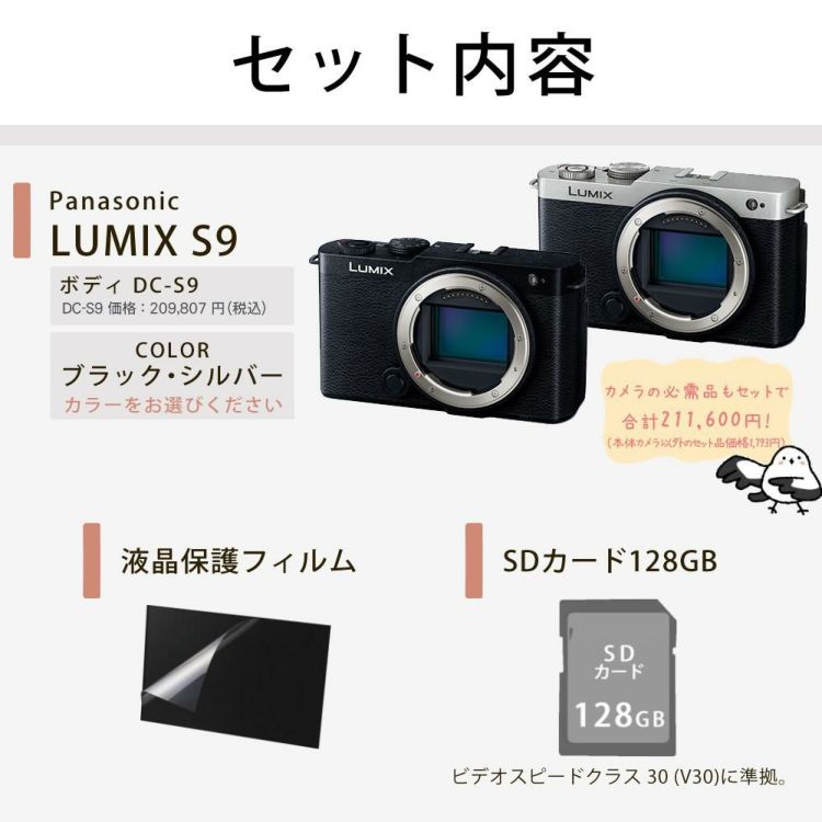 パナソニック ミラーレスカメラ LUMIX S9 ボディ フルサイズ ブラック シルバー DC-S9  SD＆液晶保護フィルムセット