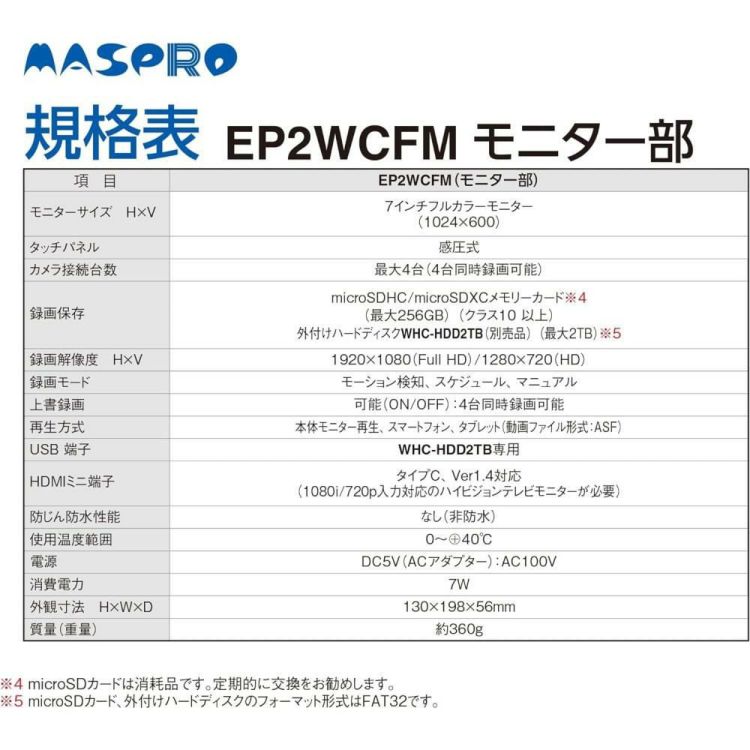 マスプロ電工 モニター＆ワイヤレスHDカメラセット EP2WCFM 5点セット  ラッピング不可