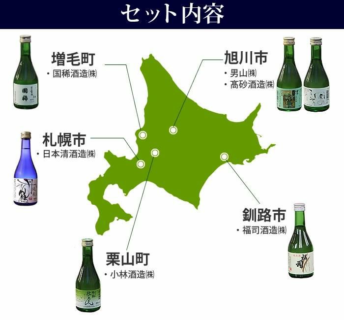 男山 國稀 高砂 福司 北の錦 千歳鶴 北海道産 地酒 日本酒 純米酒 飲み比べ 300ml 6本セット  ラッピング不可  熨斗対応不可