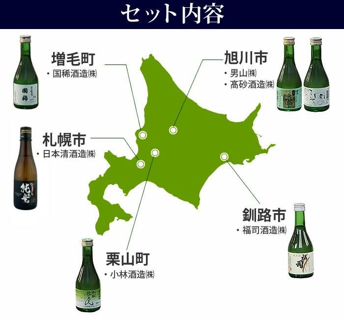 男山 國稀 高砂 福司 北の錦 千歳鶴 北海道産 地酒 日本酒 純米酒 飲み比べ 300ml 6本セット  ラッピング不可  熨斗対応不可
