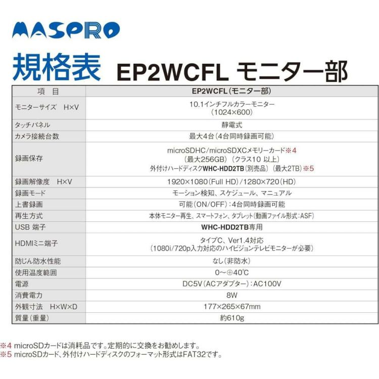 マスプロ電工 モニター＆ワイヤレスHDカメラセット  EP2WCFL  増設カメラ3台＆クロスセット  ラッピング不可