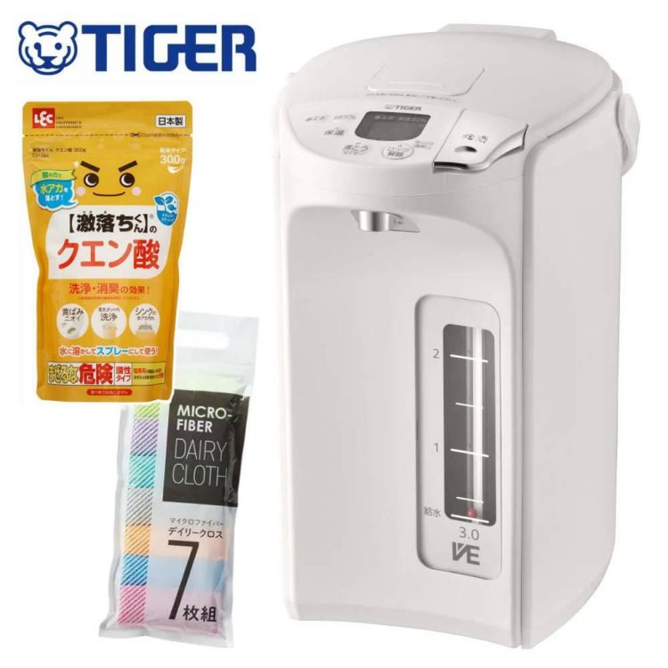 容量3.0L タイガー魔法瓶 蒸気レスVE電気まほうびん とく子さん PIP-G300WE アーバンホワイト 洗浄用クエン酸＆ふきんセット  ラッピング不可