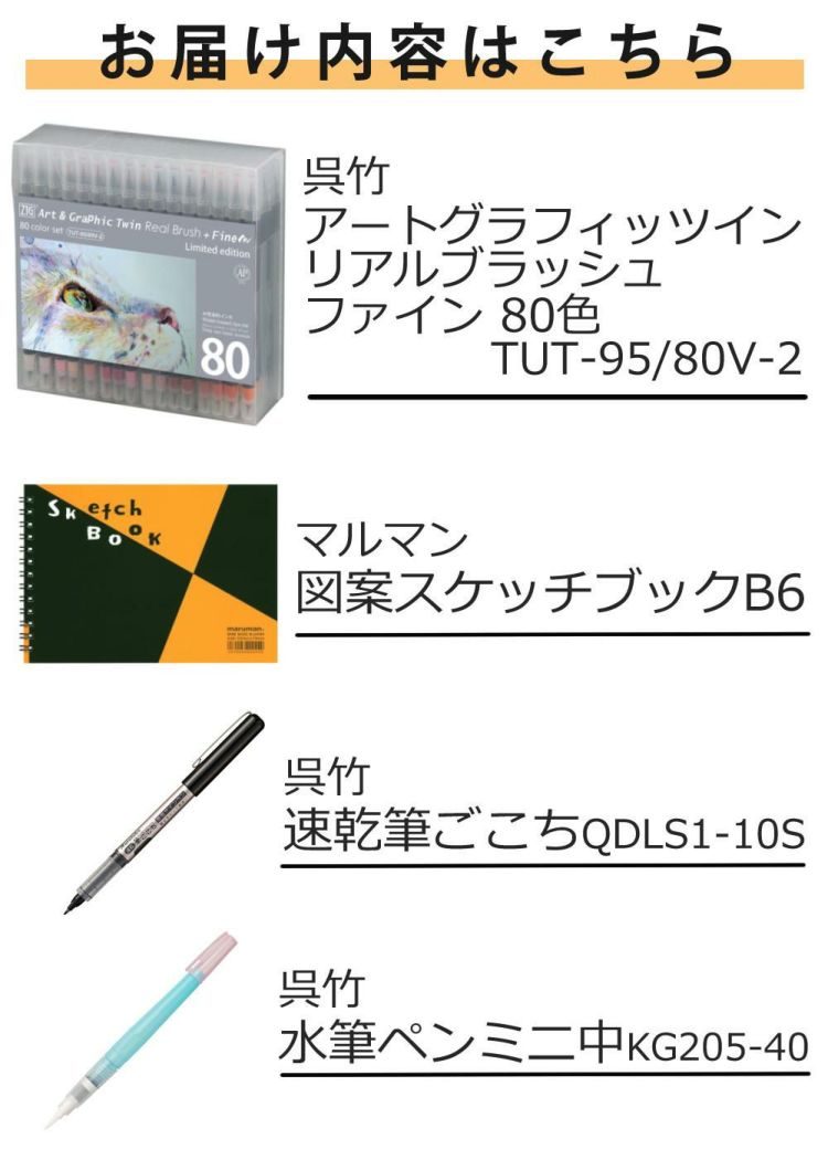 呉竹 アートグラフィックツイン リアルブラッシュ＋ファイン 80色 TUT-95/80V-2 スケッチブック 筆ペン2種 付き 4点セット