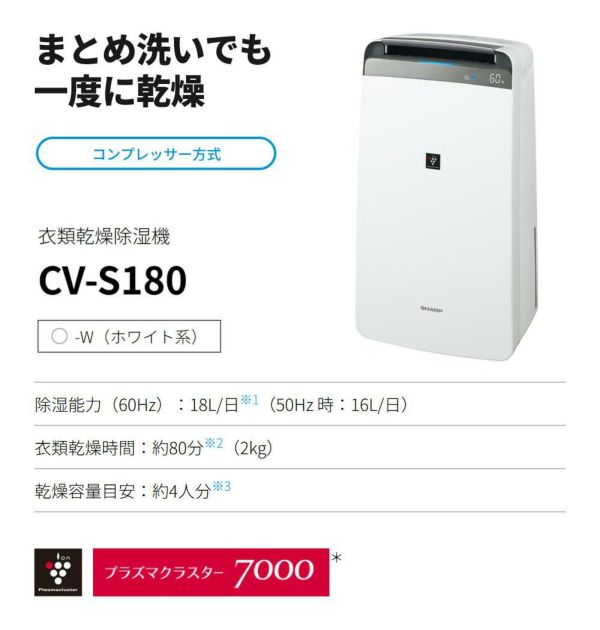 シャープ 除湿機 衣類乾燥 CV-S180-W ホワイト 乾燥容量約4人分 SHARP 衣類乾燥除湿機 コンプレッサー式 プラズマクラスター 7000