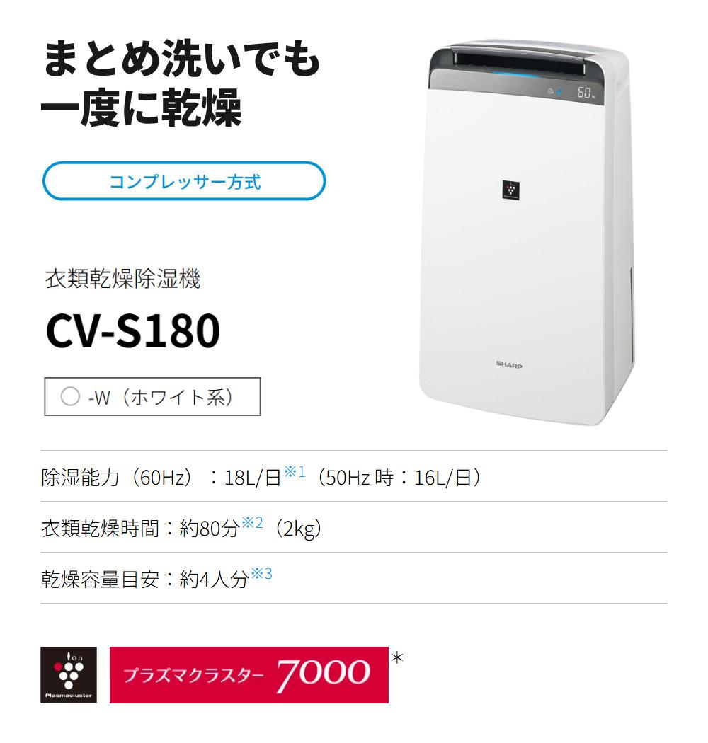 シャープ 除湿機 衣類乾燥 CV-S180-W ホワイト 乾燥容量約4人分 SHARP 衣類乾燥除湿機 コンプレッサー式 プラズマクラスター 7000