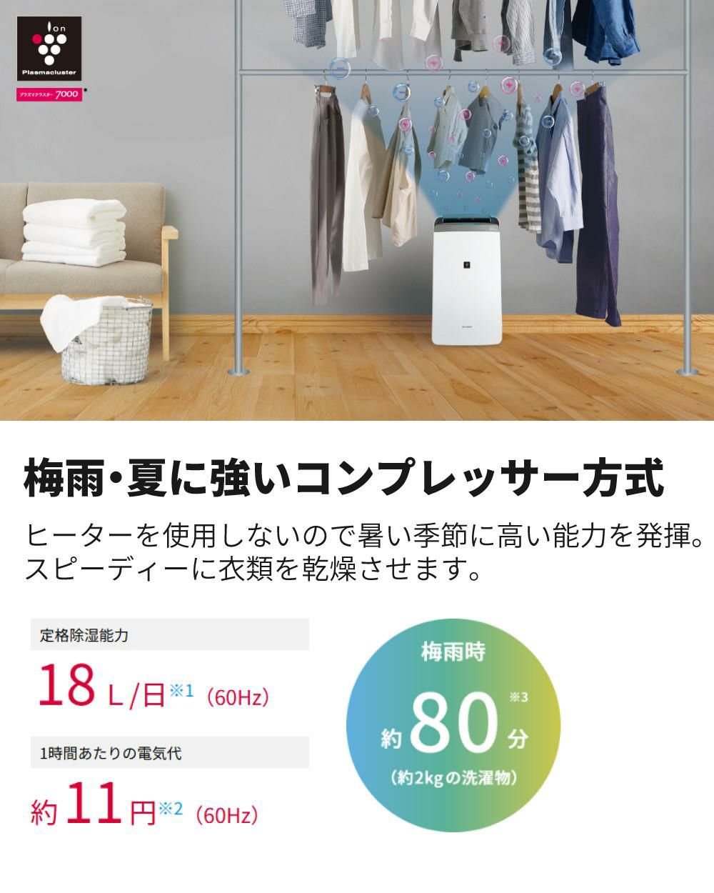 シャープ 除湿機 衣類乾燥 CV-S180-W ホワイト 乾燥容量約4人分 SHARP 衣類乾燥除湿機 コンプレッサー式 プラズマクラスター 7000